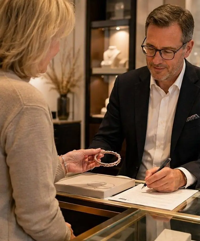 Juwelier nimmt ein Schmuckstück einer Privatperson an und hinterlegt die Kommissionsvereinbarung
