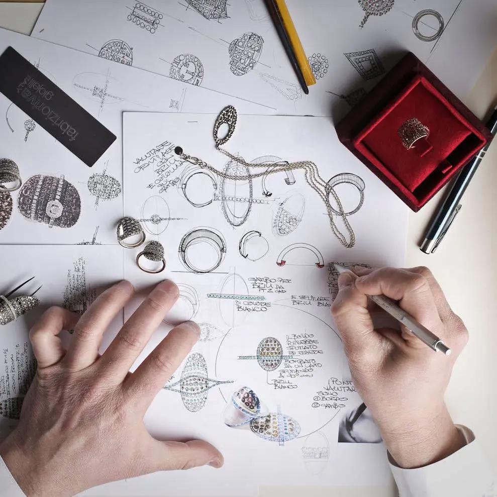 Jeweller sketching a bespoke custom order design in a boutique with rings and a velvet tray