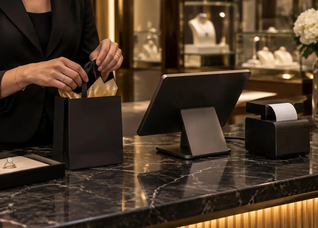 Jewellery shop counter with tablet POS system and receipt printer for fiscal registration of transactions