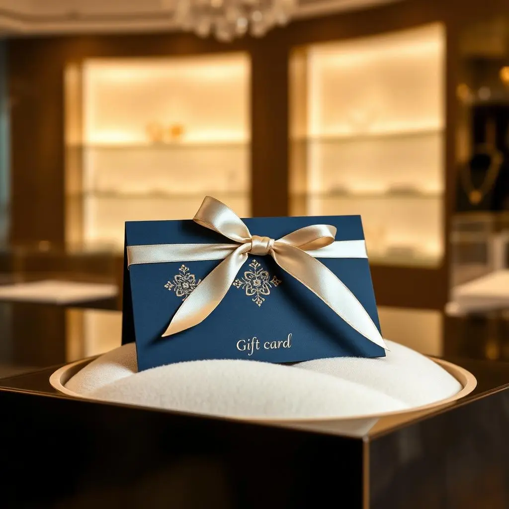 Luxe cadeaubon van een juwelier, uitgestald op fluweel in een boetiek