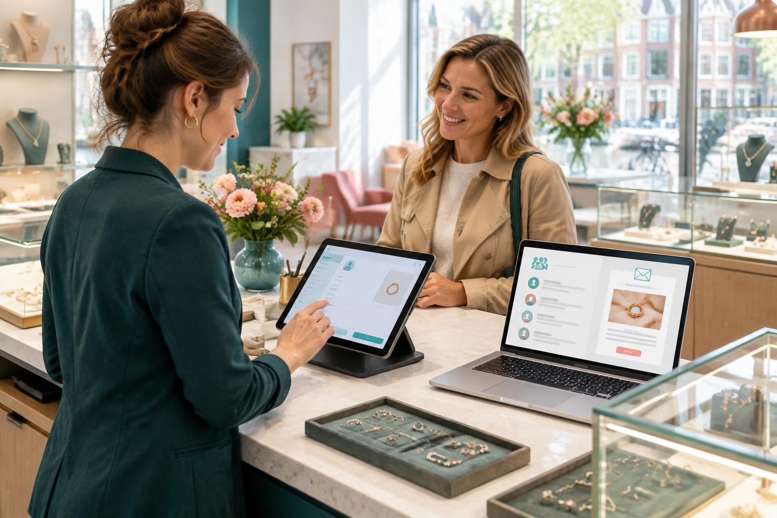 Jeweller recording customer details in the PrismaNote POS system for synchronisation with Mailchimp