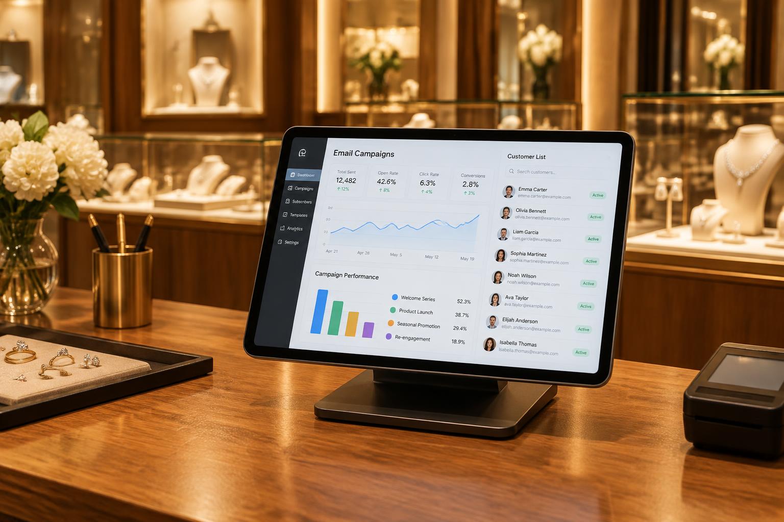 PrismaNote POS system connected to MailerLite for automated email marketing in a jewellery shop
