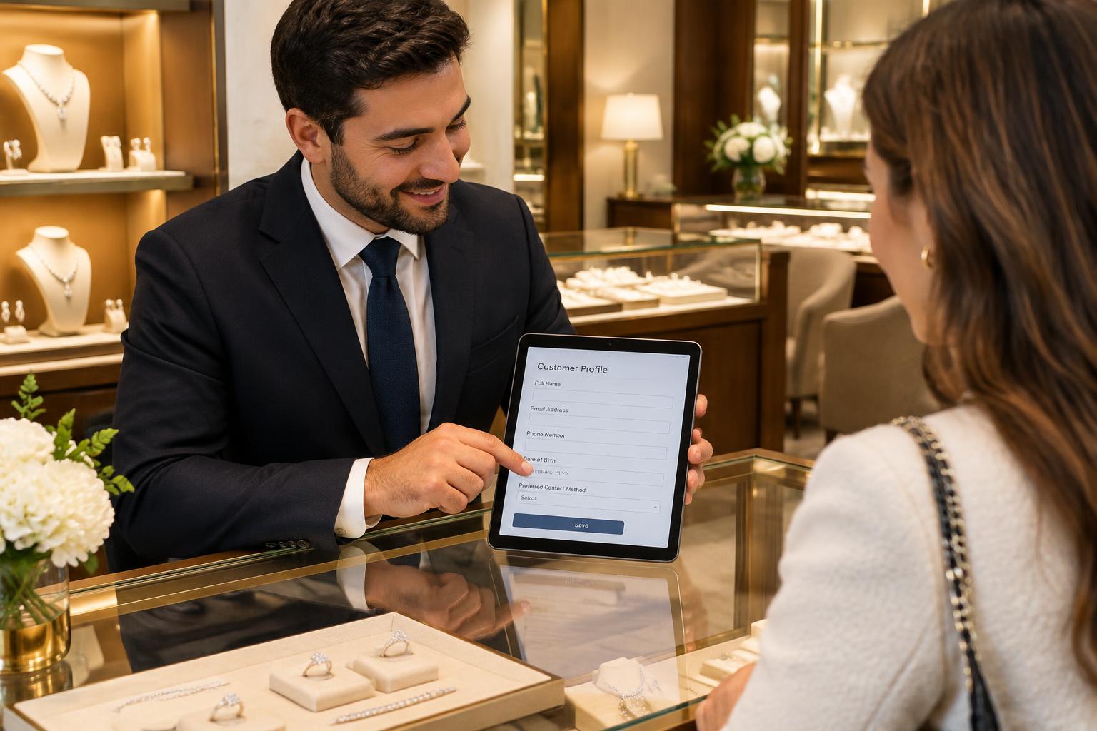 Jeweller recording customer details at the till for automatic synchronisation with MailerLite