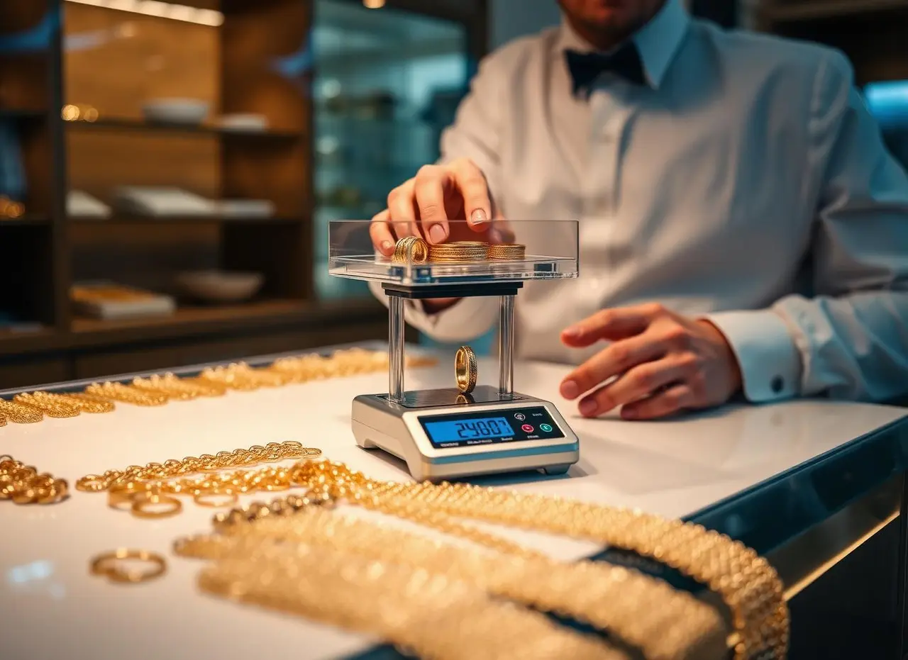 Juwelier weegt oude gouden sieraden op een precisieweegschaal met PrismaNote