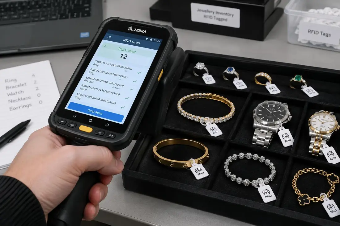 RFID-Handterminal liest gleichzeitig die RFID-Etiketten von Ringen, Armbändern und Uhren in einer Schmuckschublade aus