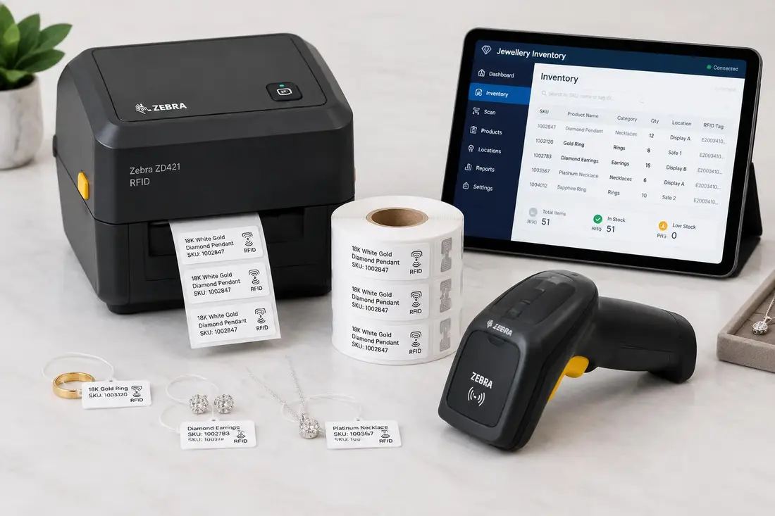 RFID-Etikettendrucker, Rolle mit RFID-Schmucketiketten, RFID-Scanner und Tablet mit PrismaNote-Bestandssoftware als Gesamtlösung