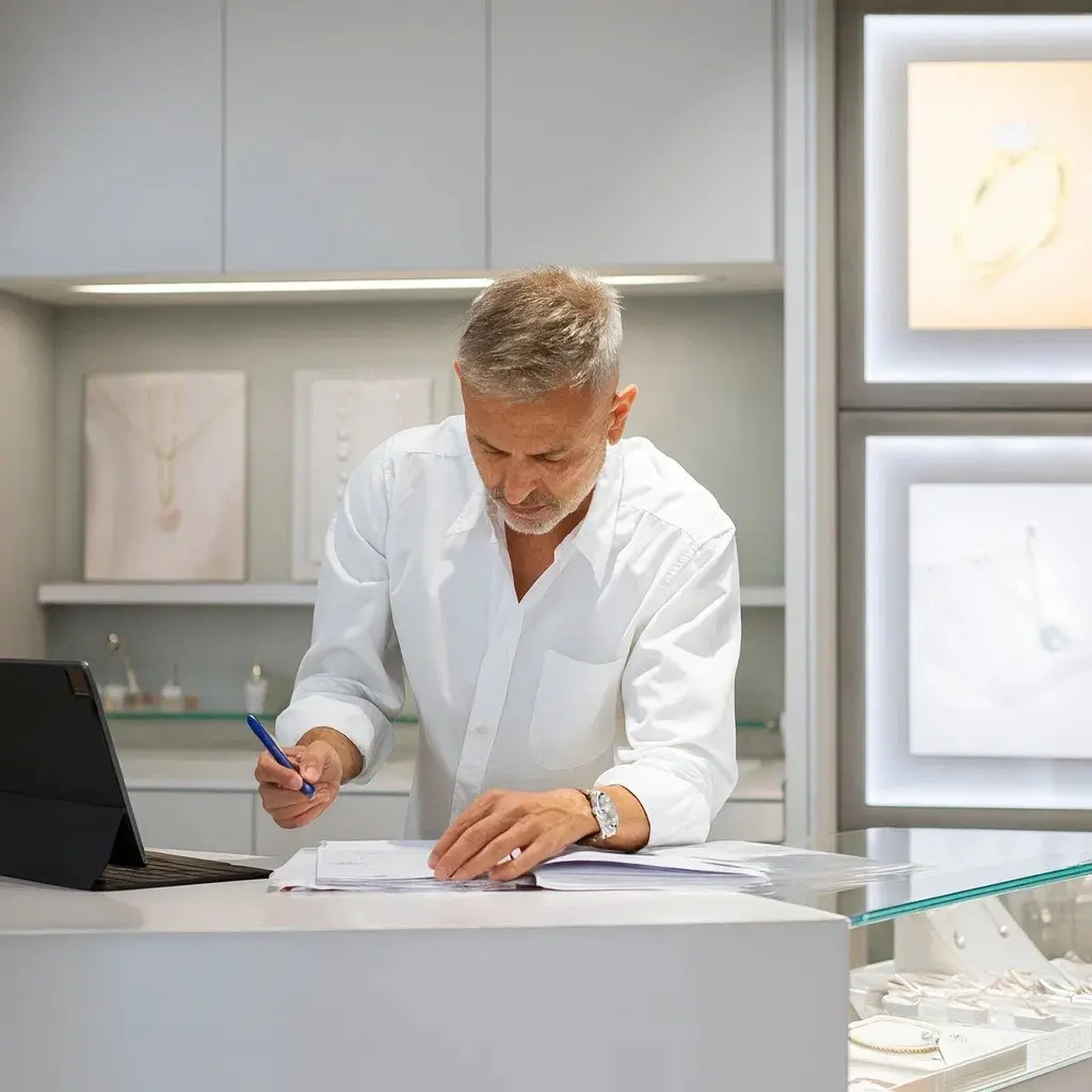 Dashboard voor juwelier verkoopstatistieken op een tablet in een luxe juweliersboutique