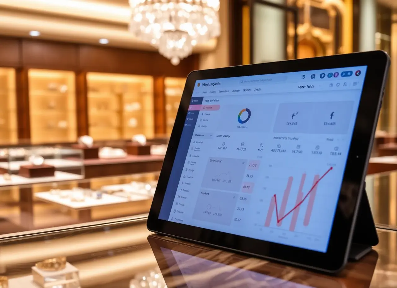 Voorraadstatistieken-dashboard op een tablet in een luxe juwelierszaak